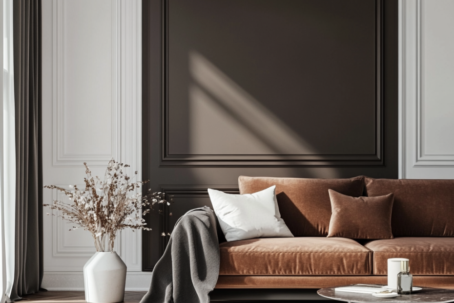 a brown couch in a nicely painted room